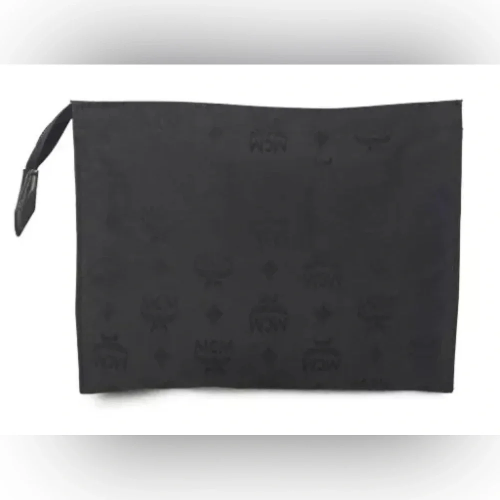 Authentic MCM Logo Visetos Canvas Clutch Bag Black